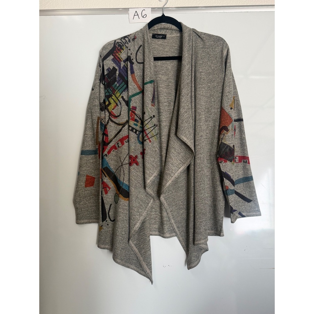 INoah Womens Abstract Art Print Waterfall Cardigan Grey Multi Size L Made in USA